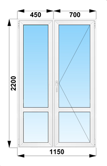 Полуторная балконная дверь стеклянная  с импостом 1150x2200